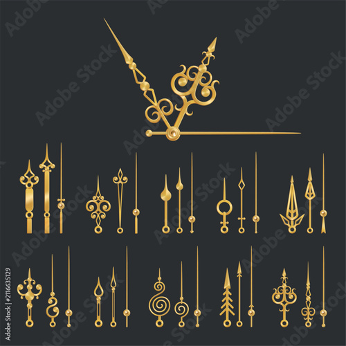 Golden clock hands. Antique watch pointer, metal arrow steampunk vintage old hour minute mechanical cogwheel clockwork ornate iron mechanism realistic garish vector illustration