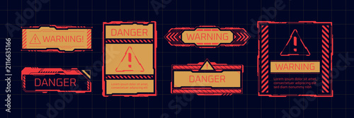 Attention hud frames. Danger alert red sign, warning frame tech system digital screen error caution button retro futuristic cyber security high exclamation text vector illustration