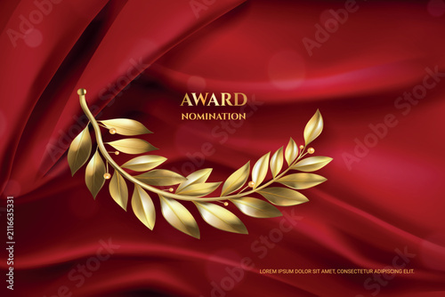 Olive branch award. Golden laurel tree, cinema festival winner nomination prize gold wreath leaves red silk curtain realistic vintage film luxury background vector illustration