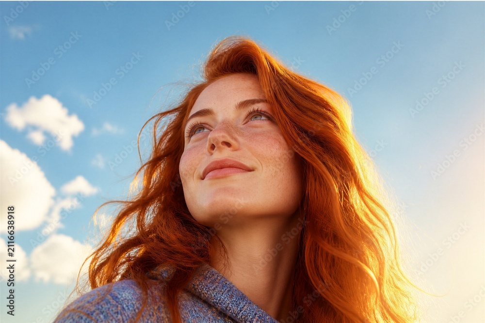 Fototapeta premium A woman with long red hair stands outdoors smiling while looking up at the clear blue sky. Clouds are visible in the background. It is a bright sunny day.