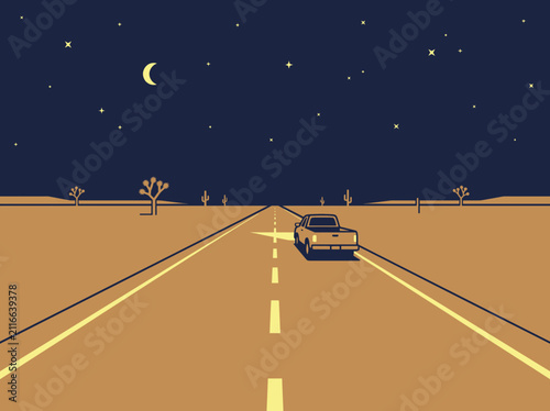 Pickup truck driving on a lonely desert road at night under starry sky