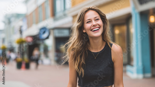 Happy young woman laughing while walking along a vibrant city street enjoying an urban lifestyle on a sunny day