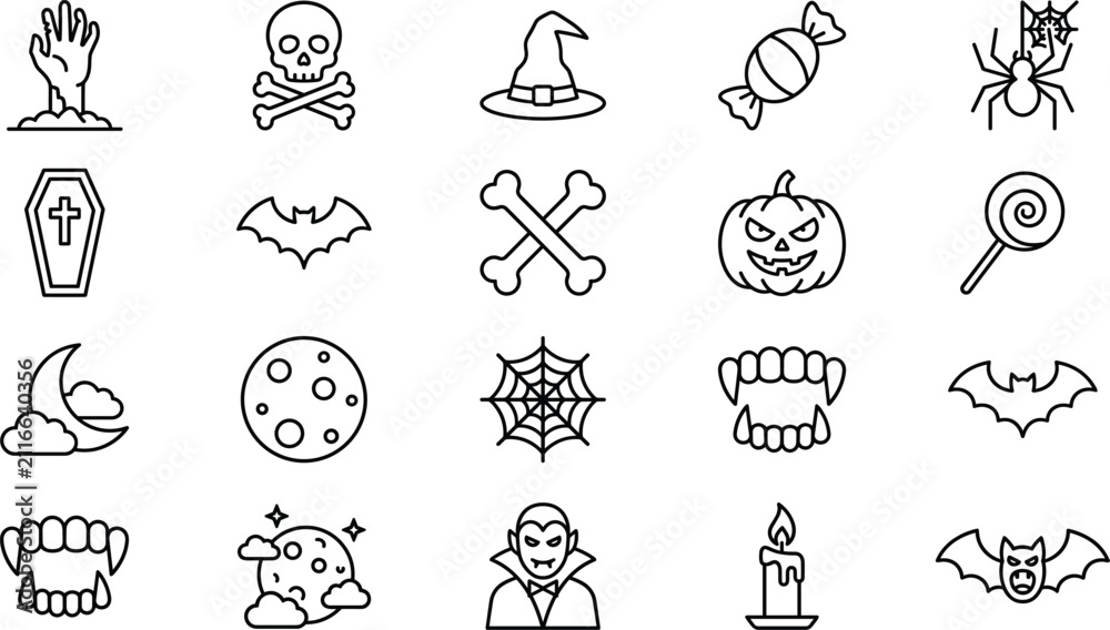 Fototapeta premium Halloween Line Icons Set with Pumpkin Bat Skull Spider Vampire and Witch Hat Vector Collection
