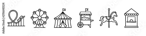 Set of minimalist amusement park line icons including a roller coaster, ferris wheel, circus tent, popcorn cart, carousel horse, and ticket booth. Perfect for carnival and fairground design themes.