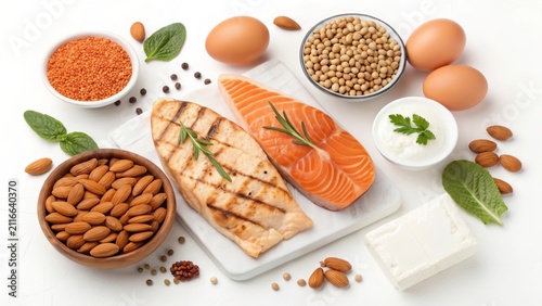 Delicious assortment of protein-rich food for a healthy diet featuring fish, eggs, nuts, and legumes