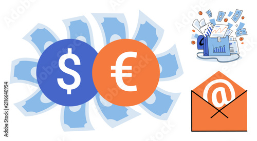 Dollar and euro currency symbols with business icons and email envelope vector illustration. Finance, banking, investment, digital communication, global trade, corporate growth. Money signs