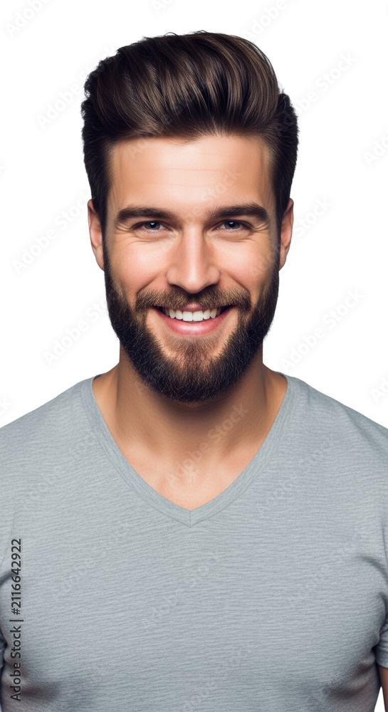 Obraz premium Young caucasian man (early 20s) with dark coiffed hair and stylish beard, smiling widely in a gray v-neck shirt, high-key studio portrait with bokeh. Concept of youthful confidence and approachability