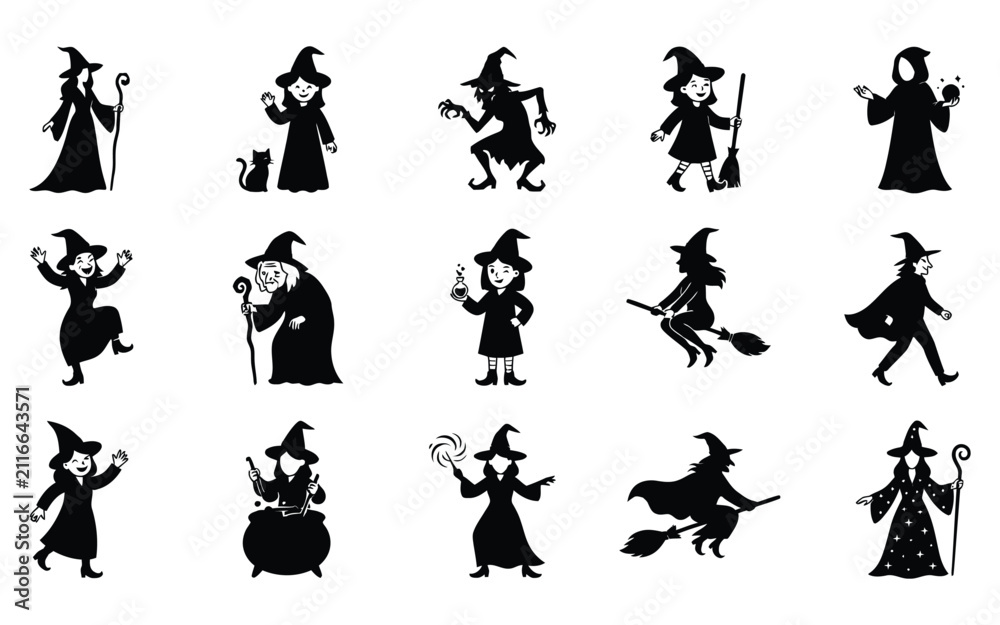 Fototapeta premium Collection of various black silhouette witch halloween vector elements for spooky holiday design and creative graphic projects