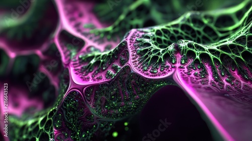 Close-up of vibrant green and purple organic fractal structures with intricate details and glowing accents