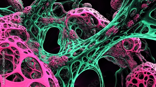 Abstract 3D-rendered organic structures with vibrant pink and green hues