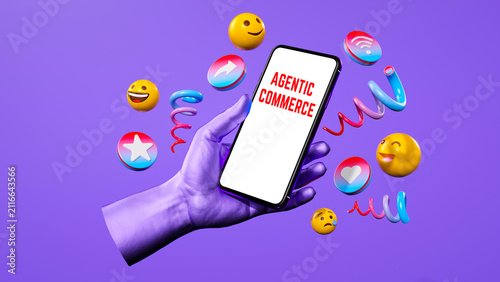 3D Smartphone Display Showing Agentic Commerce Concept with Social Media Icons and AI Shopping Future
