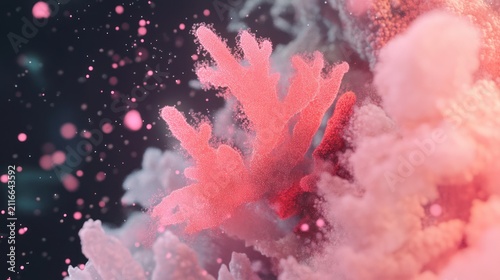 Vivid pink coral reef surrounded by dark ocean water with particles