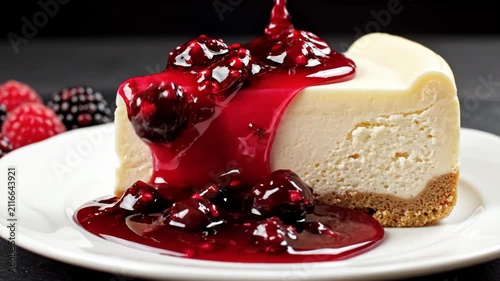 Close-up of a slice of New York style cheesecake with a graham cracker crust on a white plate, as red berry syrup is poured on top against a dark background with fresh berries.