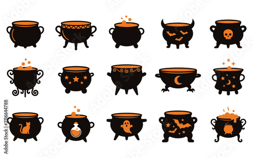 Set of magical witch cauldron halloween vector elements featuring bubbling potions and mystical fire for spooky holiday designs