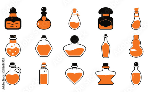 Принти на полотні Set of halloween vector elements featuring various glass potion bottles with ora