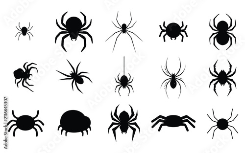 Collection of black spider silhouettes as halloween vector elements for spooky holiday design projects and scary decorations