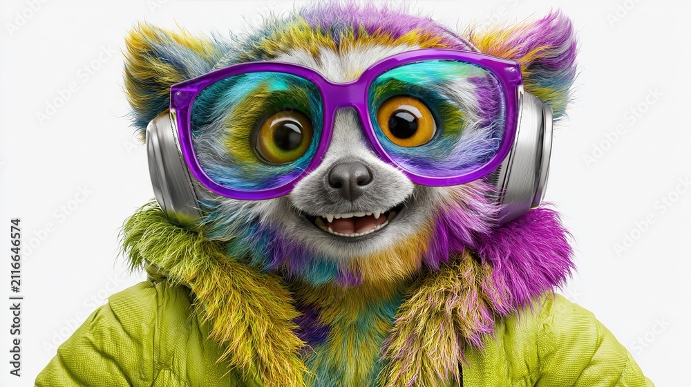 Obraz premium Colorful lemur wearing glasses and headphones. Fun animal character with vibrant fur style.