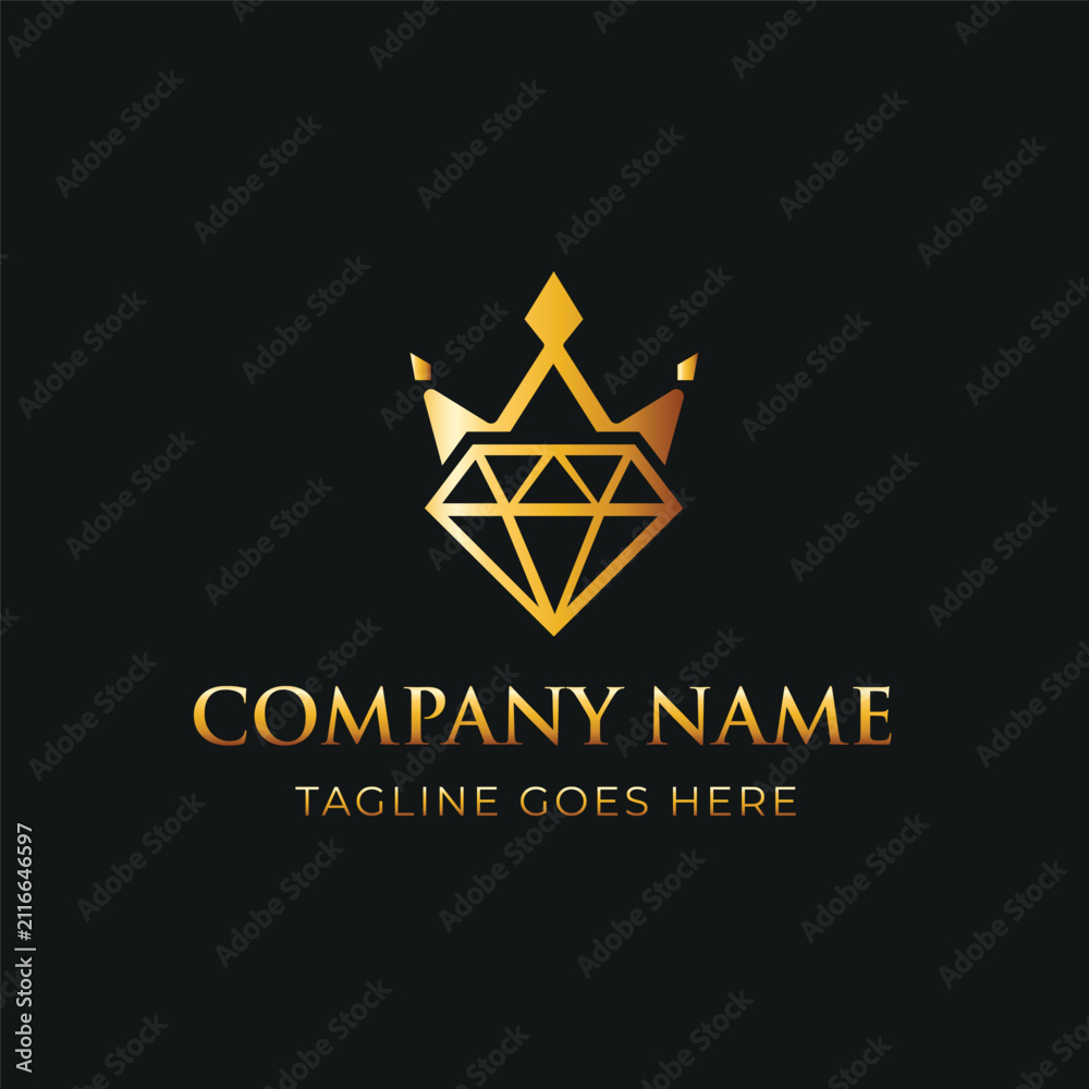 Obraz premium Elegant golden diamond crown logo design template featuring a premium combination of a royal crown and gemstone symbol. The design represents luxury, royalty, elegance, excellence, beauty, prestige,