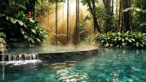 Steaming turquoise infinity pool with stone waterfall in a tropical rainforest, framed by large monstera leaves and lush ferns under soft misty jungle light.