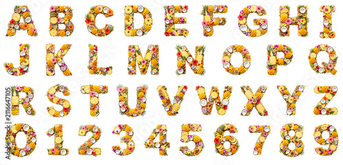 Complete Alphabet and Numbers Made from Fresh Mixed Fruits on Transparent Background