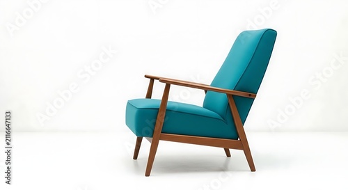 Modern teal upholstered lounge chair with wooden frame with against white background
