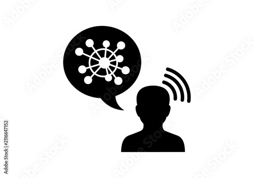Minimalist icon showing human head with connected network nodes inside a speech bubble graphic