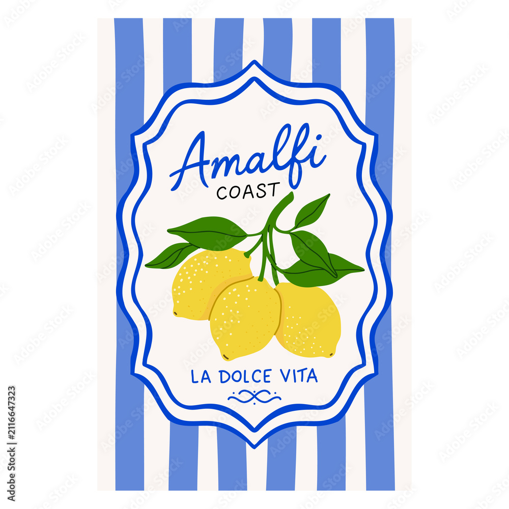 Fototapeta premium Amalfi Coast poster La Dolce Vita lemons citrus fruit branch green leaves stripe pattern wall art travel vacation Italian aesthetic blue white Mediterranean summer clipart