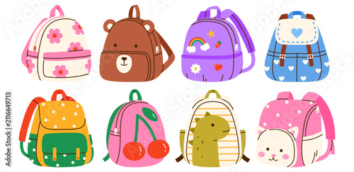 Cute school backpack collection. Set of school bags. Perfect for back to school, education, kindergarten, preschool, and children's projects. Isolated vector illustration in cartoon style