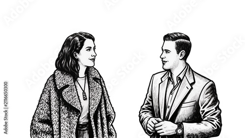 Obraz na plátně Isolated black and white illustration of stylish man and woman interacting in re