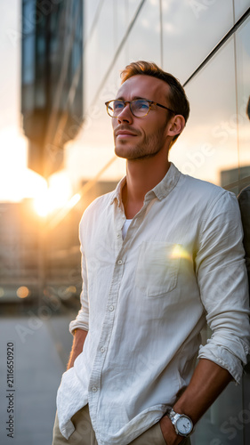 Man with glasses, sunset light, urban reflection, pensive gaze