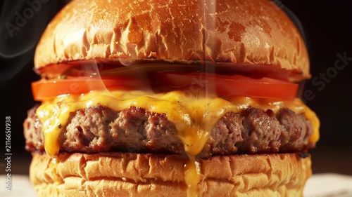 Close-up of a gourmet beef cheeseburger with melted cheddar cheese dripping, fresh tomato slices, and a toasted bun featuring rising steam on a dark studio background.