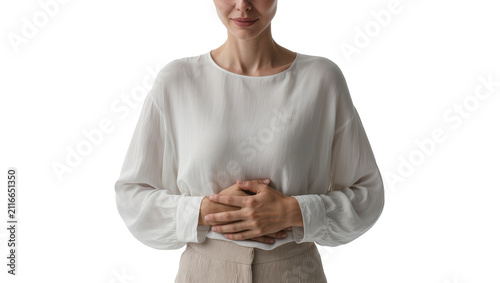 Фотография Isolated young woman holding her stomach, experiencing abdominal pain or digesti