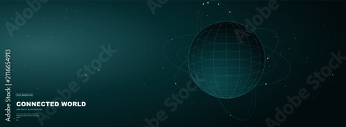 Konstfotografi Digital globe with orbital rings and data network connections on a dark teal bac