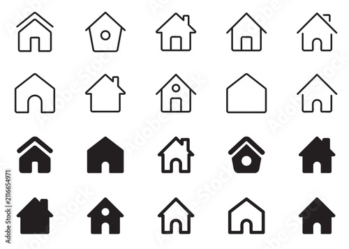 Set of minimalist house and home icons in linear and solid black shapes with building