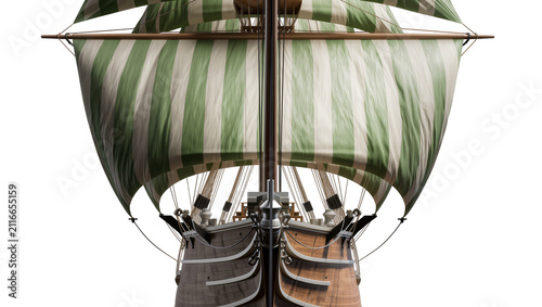 Canvastavla Isolated antique sailing ship with full striped sails from front view, classic w