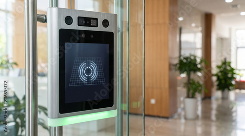 Modern facial recognition terminal mounted at a corporate office entrance scanning for access. Sleek device glows green against a blurred bright contemporary lobby background.