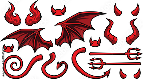 Red devil costume element set, featuring demon wings, horns, pitchforks, and pointed tails illustration.