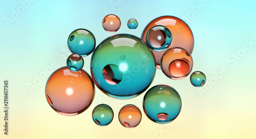 Glass spheres in teal and orange floating over soft pastel background. Abstract modern geometric composition.