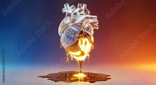 Glass anatomical heart melting with liquid dripping onto glowing surface. Concept of heartbreak and passion.