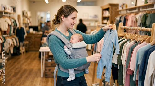 A content young mother, lovingly carrying her baby in a front-facing ergonomic carrier, smiles as she carefully selects a blue baby romper from a rack in a charming children's clothing store.
