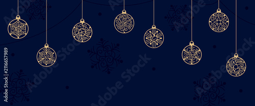 Frosted Christmas banner with gold and navy blue snowflakes. Winter vector background. Elegant design for New Year cards