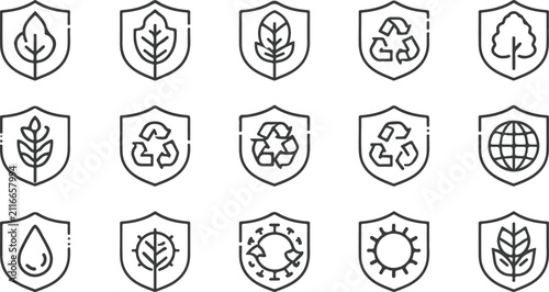 Canvastavla Eco friendly and recycling shield line icon set, green environment protection ve