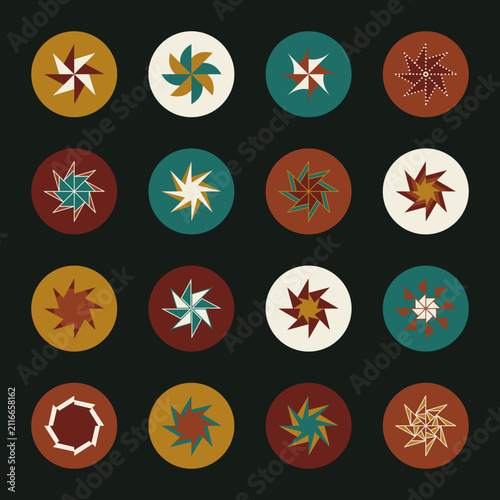 retro geometric circular badges with eightfold symmetry pinwheel emblem icon set
