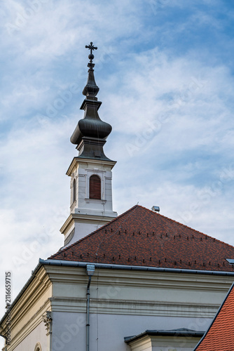 Canvastavla Baroque bell tower with an onion-domed spire of the Lutheran Church of Buda Cast