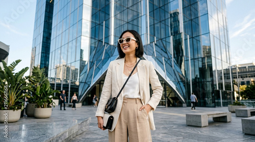 Confident Asian woman in sunglasses and blazer walks in modern city with glass skyscraper background.
