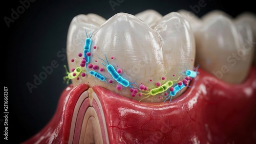 Human tooth with bacteria and plaque. Dental health concept showing oral germs on enamel.