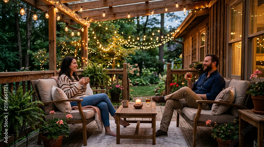 Obraz premium Couple Relaxing on Cozy Outdoor Deck with String Lights at Twilight