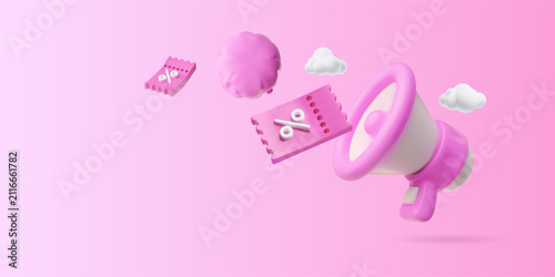 Sale, special offer marketing 3D vector design, pink megaphone screaming with discount coupon and inflatable balloon