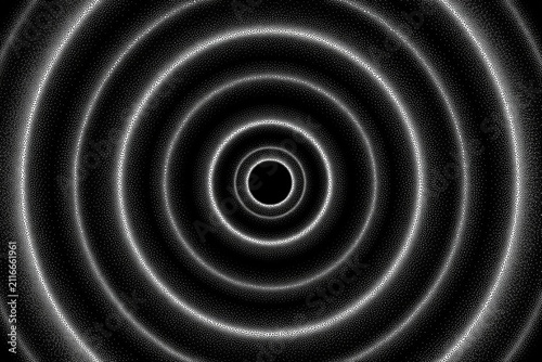 Minimalist Stippling Design with Concentric Circular Geometry, featuring Tiny Dots creating Light and Shadow Illusion in High Contrast Black and White Vector Art.