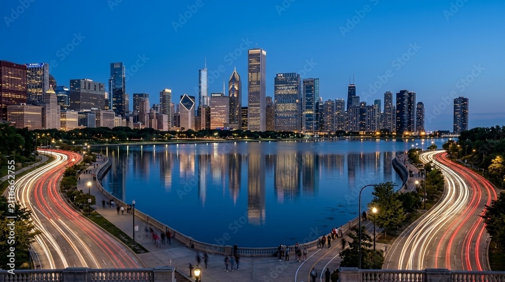 Naklejka premium Chicago Skyline at Dusk with Lake Michigan and Traffic Trails